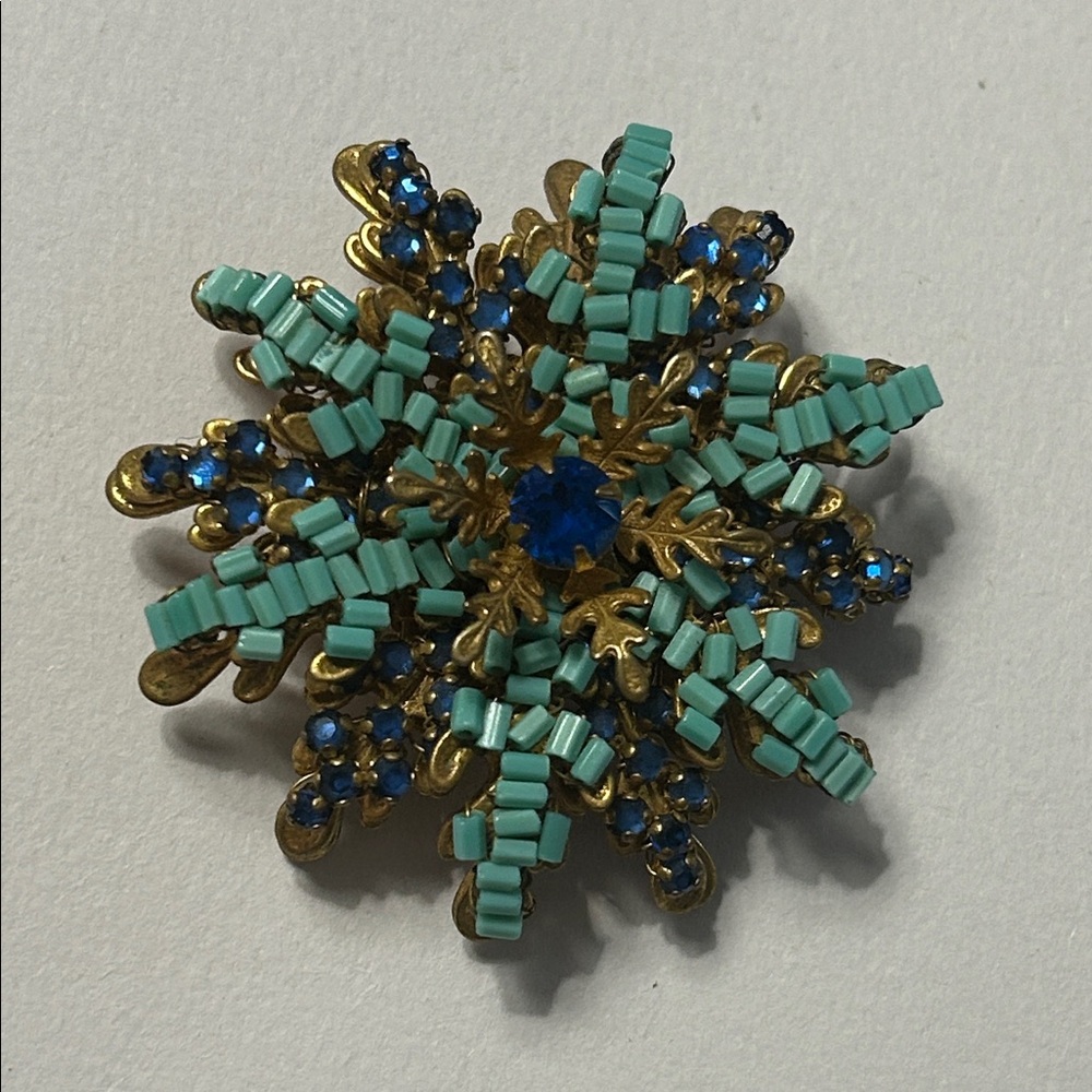 Miriam Haskell Gold and Blue snowflake Brooch 2”